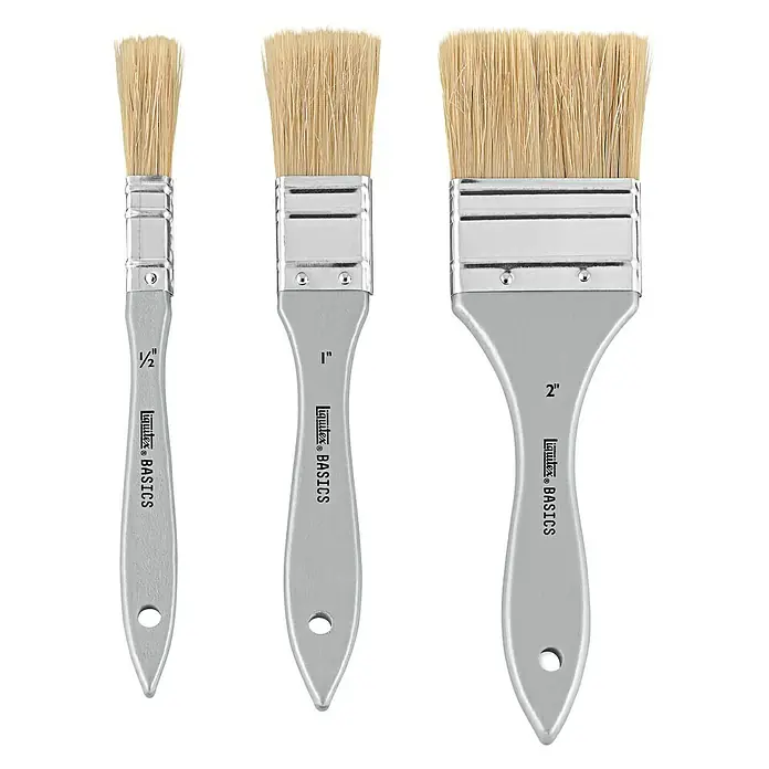 Liquitex Basics Borstenpinsel-Set - 3 -tlg., Größe Pinsel: 1/2″ / 1" / 2", Schweineborsten - Liquitex Basics Pinselset, bestehend aus drei Flachpinseln in den Größen 1/2", 1" und 2", ideal für verschiedene Maltechniken und Oberflächen.