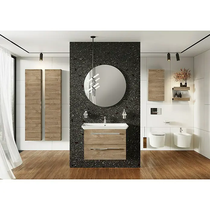 Riva Vulcano Waschtischunterschrank - 71,6 x 46 x 52 cm, Eiche, Matt - Modernes Badezimmer mit Waschtischunterschrank in Holzoptik, rundem Spiegel und stilvoller Beleuchtung für eine elegante Atmosphäre.