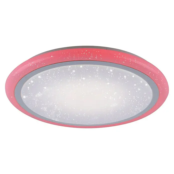 Paul Neuhaus LED-Deckenleuchte rund Luisa - 28 W, Chrom, Warmweiß - Nahaufnahme einer runden LED-Deckenleuchte mit rosa Rand und Sternenmuster. Ideal für Kinderzimmer, sorgt für eine sanfte und beruhigende Beleuchtung.