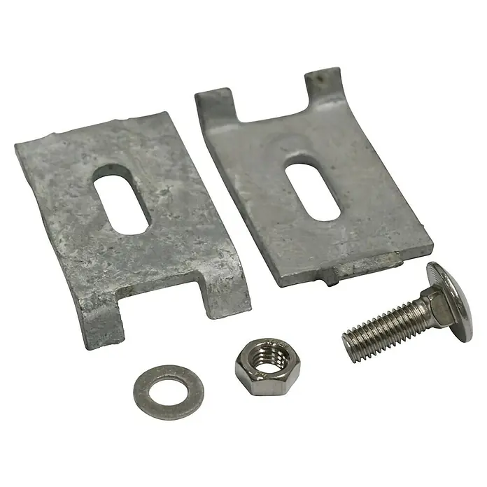 Hadra Eckverbinder - Silber - Zwei Metallbügel, eine Unterlegscheibe, eine Mutter und eine Schraube, wahrscheinlich Teile für eine Montage.