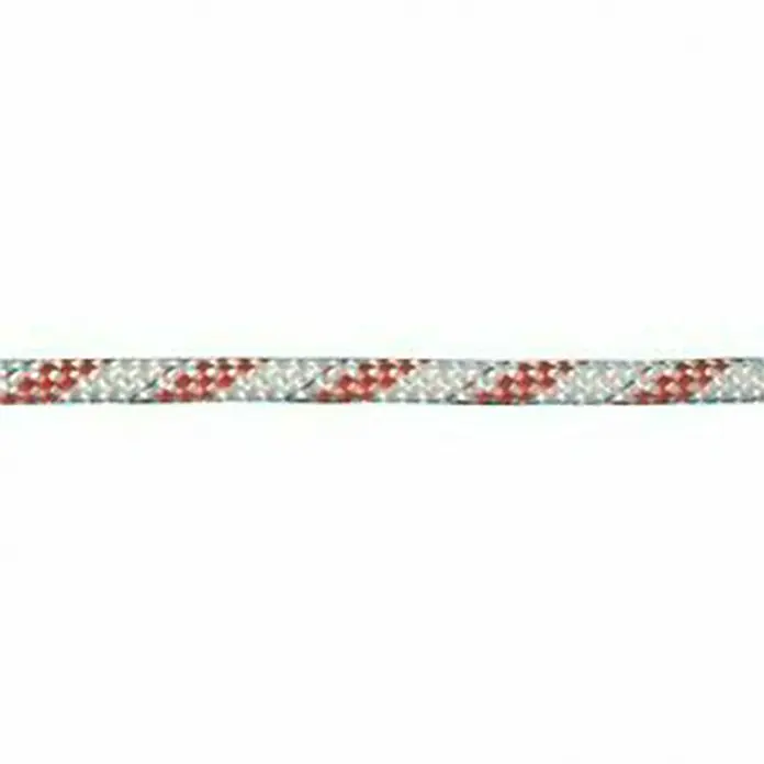 Seilflechter Cabo a metros Atlantik compakt - Diámetro: 6 mm, Poliéster, Blanco/Rojo - Primer plano de una cuerda resistente con un intrincado patrón rojo y gris, ideal para diversas aplicaciones, desde aventuras al aire libre hasta usos náuticos.