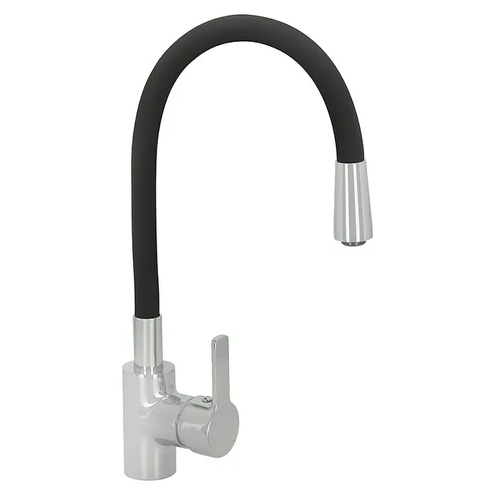 Camargue Spültischarmatur Flexo - Schwarz/Chrom, Glänzend - Ein moderner Wasserhahn mit einem schwarzen, flexiblen Auslauf und einem glänzenden Chrom-Sockel. Das Produkt ist elegant und funktionell.