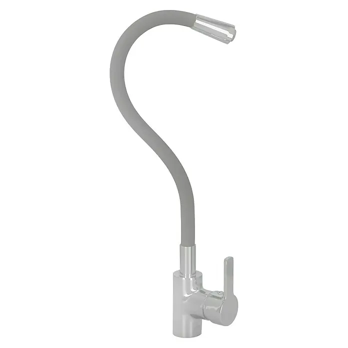 Camargue Spültischarmatur Flexo - Grau/Chrom, Glänzend - Nahaufnahme eines modernen, grauen Küchenarmatur mit flexiblem Auslauf und glänzendem Chrom-Sockel, ideal für jede Küche.