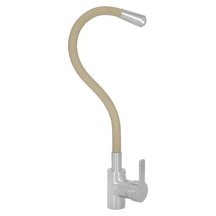 Camargue Spültischarmatur Flexo - Beige/Chrom, Glänzend - Nahaufnahme einer eleganten Spültischarmatur mit einem beigefarbenen, flexiblen Auslauf und einem glänzenden Chromsockel mit Hebel.