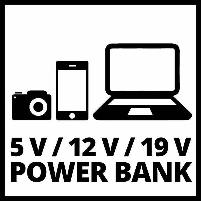 Einhell Kit de arranque CE-JS 12 - 12 V, Corriente máx. de carga: 400 A - Ilustración de un power bank de 5 V / 12 V / 19 V para cargar cámara, smartphone y computadora portátil.