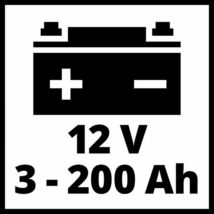 Einhell Arrancador de baterías CE-BC10M - 12 V, Corriente máx. de carga: 10 A - Ilustración de una batería de 12V con una capacidad de 3-200 Ah, presentada en un pictograma negro sencillo sobre un fondo blanco.