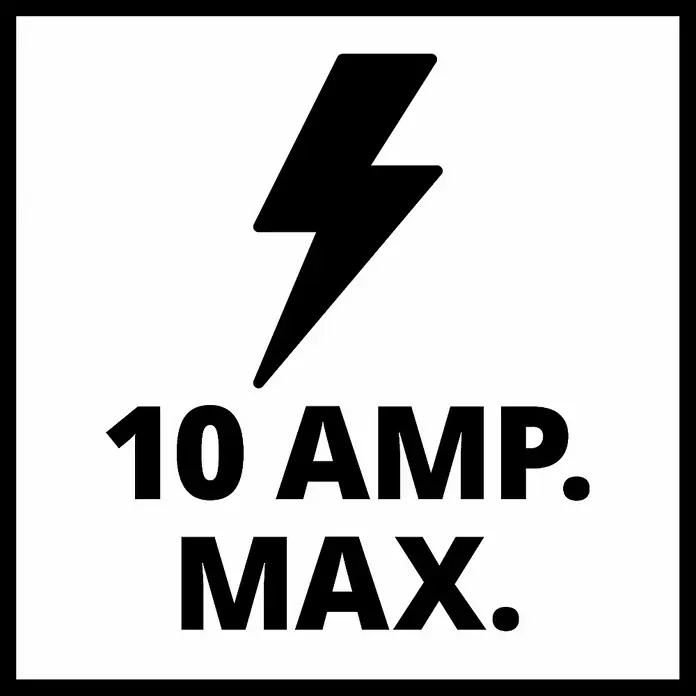 Einhell Arrancador de baterías CE-BC10M - 12 V, Corriente máx. de carga: 10 A - El símbolo muestra un gráfico de rayo y el texto "10 AMP. MAX.", indicando una corriente máxima de 10 amperios.