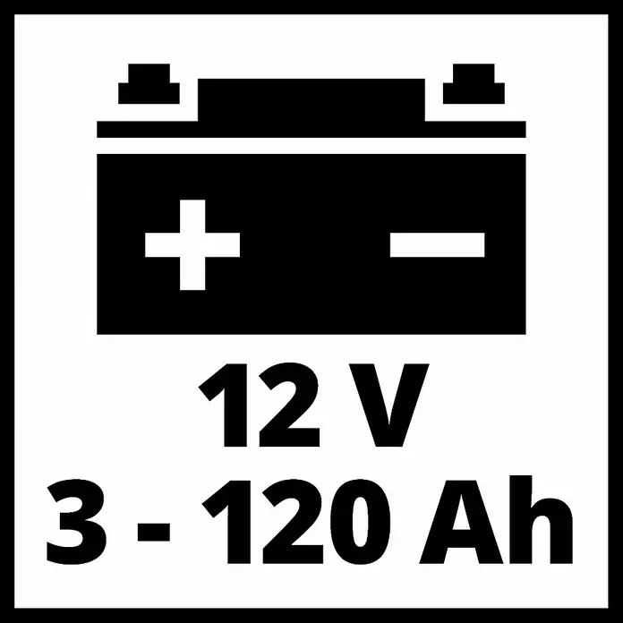 Einhell Arrancador de baterías CE-BC 4 M - 12 V, Corriente máx. de carga: 4 A - Ilustración de una batería de 12V con una capacidad de 3-120 Ah. Apto para diversas aplicaciones.