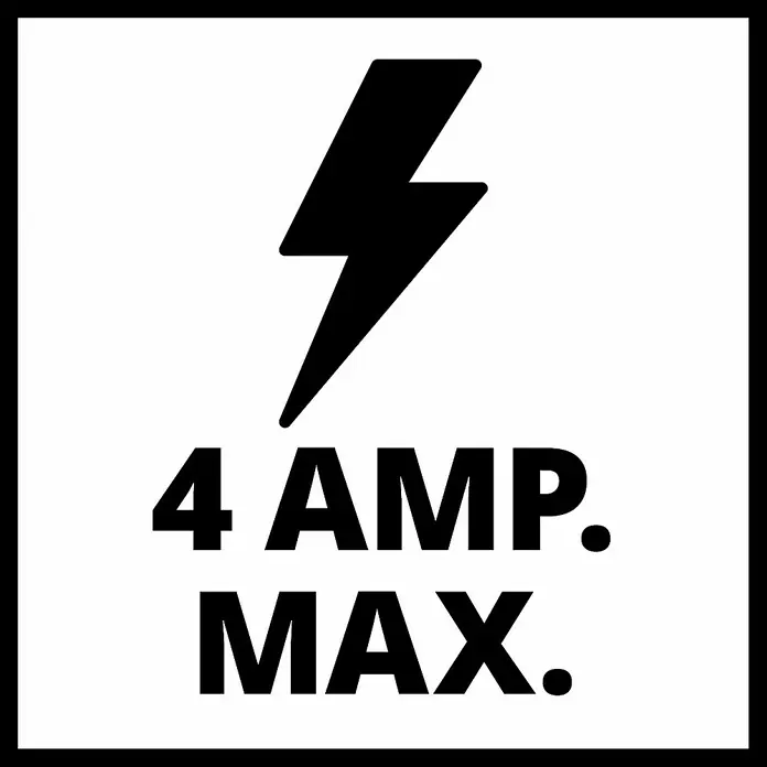 Einhell Arrancador de baterías CE-BC 4 M - 12 V, Corriente máx. de carga: 4 A - La imagen muestra una señal de advertencia con un símbolo de rayo y el texto "4 AMP. MAX.", indicando una corriente máxima de 4 amperios.