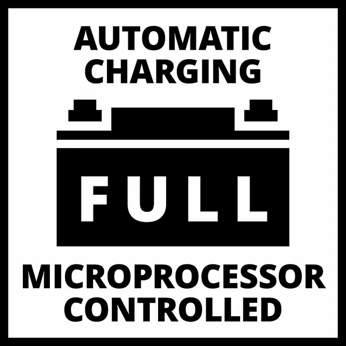 Einhell Arrancador de baterías CE-BC 4 M - 12 V, Corriente máx. de carga: 4 A - Símbolo de un cargador de batería automático inteligente con control por microprocesador que muestra el estado de carga 'Completo'.