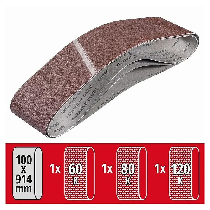 Einhell Schleifband - 914 x 100 mm, Körnung: 60 - 120, 3 Stk. - Schleifband-Set mit Aluminiumoxid, Körnungen 60, 80 und 120, Größe 100 x 914 mm, ideal zum Schleifen von Holz und Metall.