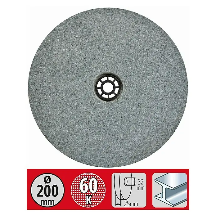 Einhell Schleifscheibe - Durchmesser: 200 mm, Körnung: 60, Durchmesser Bohrung: 32 mm - Abbildung einer Trennscheibe mit einer Körnung von 60K, ideal zum Bearbeiten von Stahl. Durchmesser 200 mm, Bohrung 32 mm.