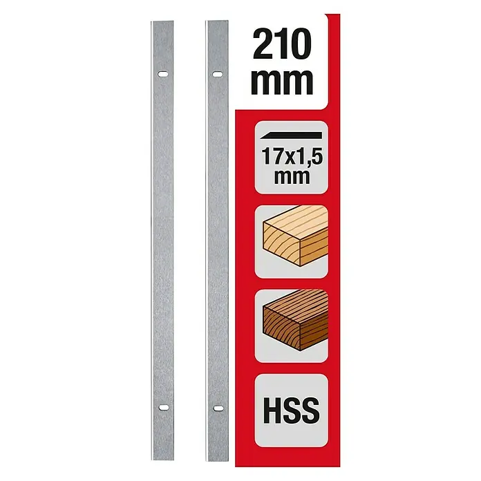 Einhell Cuchilla para cepilladora TH-SP 204 - Largo: 210 mm, Específico para: Cepilladora TH-SP 204 de Einhell, 2 ud. - Imagen de un juego de cuchillas de cepillo de 210 mm hecho de acero HSS, ideal para carpintería. Se destacan las dimensiones precisas y las propiedades del material.