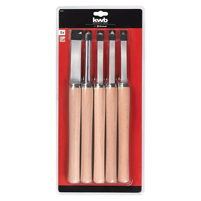 KWB Set de formones - 5 pzs. - Imagen de un juego de cinceles KWB de 5 piezas con mangos de madera, perfecto para trabajos de madera y proyectos de bricolaje.