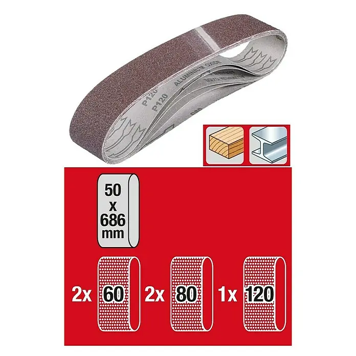 Einhell Schleifband - 686 x 50 mm, Körnung: 60 - 120, 5 -tlg. - Schleifband-Set mit verschiedenen Körnungen für Holz- und Metallbearbeitung, Abmessungen 50 x 686 mm, ideal für Bandschleifer.