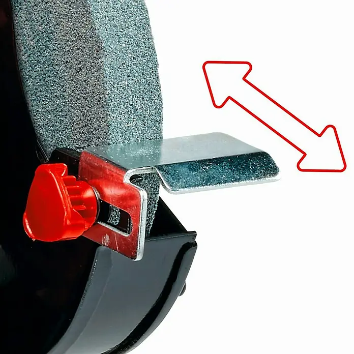 Einhell Lijadora en seco y en húmedo eléctrica TC-WD 200/150 - 170 W - Detalle de una amoladora con soporte de pieza ajustable, resaltado con una flecha roja.