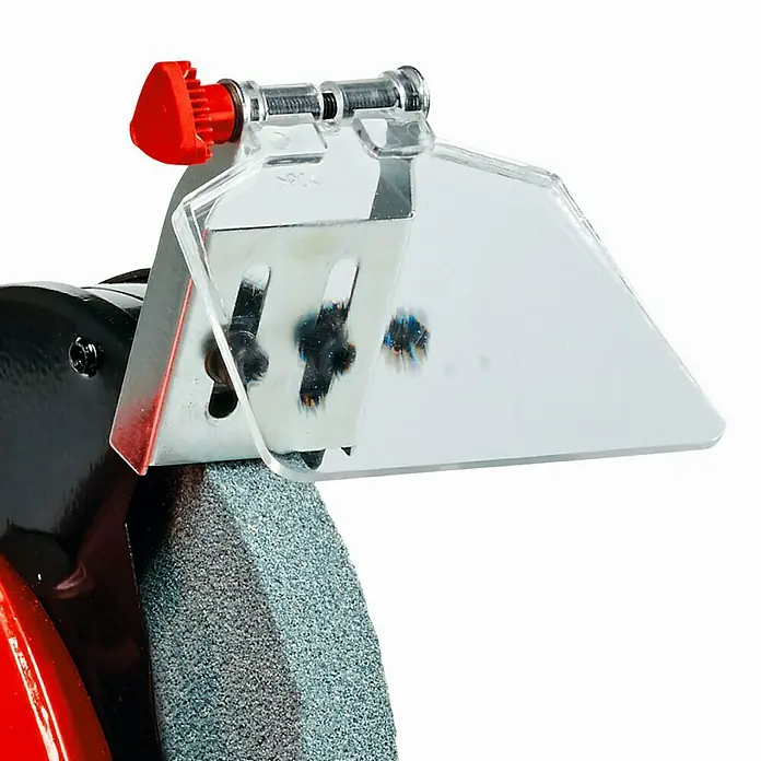 Einhell Lijadora en seco y en húmedo eléctrica TC-WD 200/150 - 170 W - Primer plano de una amoladora de banco con una muela y una protección de seguridad transparente.