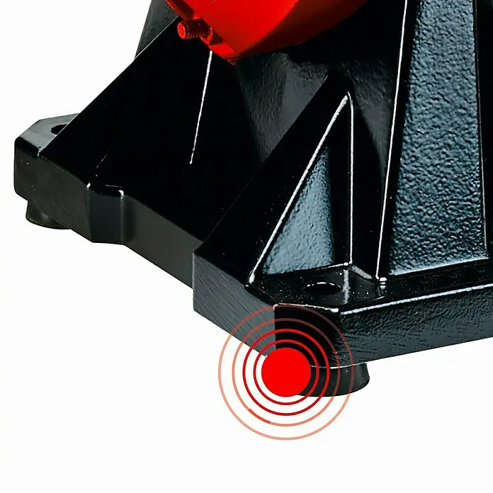 Einhell Lijadora en seco y en húmedo eléctrica TC-WD 200/150 - 170 W - Vista detallada de una base de máquina robusta y negra con un pie de goma rojo resaltado para la amortiguación de vibraciones.