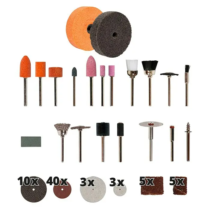 Einhell Esmeriladora doble eléctrica TC-XG 75 Kit - 150 W, 9.900 r.p.m. - Imagen de un kit de herramientas rotativas con una variedad de accesorios para pulir, esmerilar y cortar para aficionados y bricoladores.