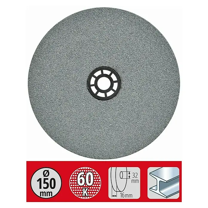 Einhell Schleifscheibe - Durchmesser: 150 mm, Körnung: 60, Stärke: 16 mm, Durchmesser Bohrung: 32 mm - Abbildung einer Trennscheibe mit technischen Details wie Durchmesser und Körnung für den professionellen Einsatz.