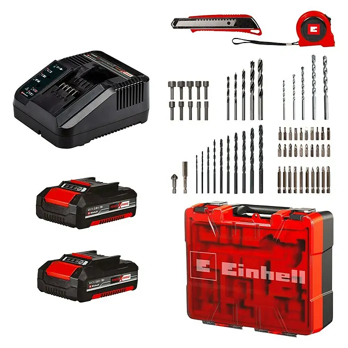 Einhell PXC 18V Taladro atornillador percutor de batería TE-CD18/40 + 64 accesorios - 18 V, 2 baterías, 2 Ah, 40 Nm - Juego de herramientas Einhell con baterías, cargador, herramientas de medición y brocas, ideal para proyectos de bricolaje.