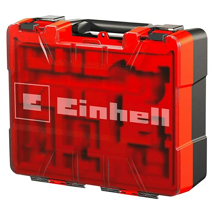 Einhell PXC 18V Taladro atornillador percutor de batería TE-CD18/40 + 64 accesorios - 18 V, 2 baterías, 2 Ah, 40 Nm - Imagen de una caja de herramientas Einhell roja con tapa transparente, ideal para guardar herramientas y accesorios.