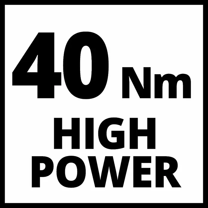 Einhell PXC 18V Taladro atornillador percutor de batería TE-CD18/40 + 64 accesorios - 18 V, 2 baterías, 2 Ah, 40 Nm - La imagen muestra un símbolo que indica "40 Nm HIGH POWER", probablemente para una herramienta o dispositivo con un par de 40 Newton metros.