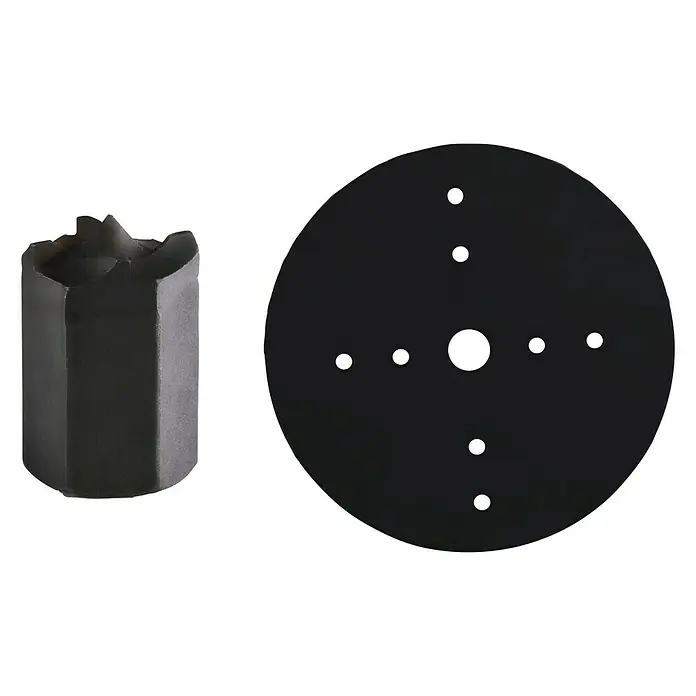 Einhell Torno para madera TC-WW 1000/1 - 890 r.p.m. - 2.600 r.p.m. - Vista del producto de un adaptador cilíndrico y una placa de montaje redonda, ambos en negro neutro.