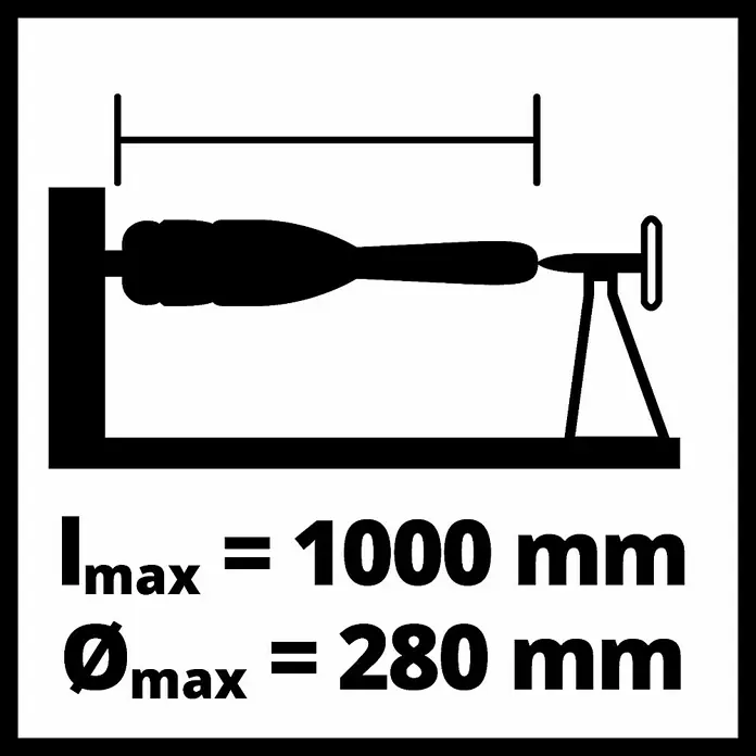 Einhell Torno para madera TC-WW 1000/1 - 890 r.p.m. - 2.600 r.p.m. - Símbolo con datos técnicos de un torno: Longitud máxima 1000 mm, diámetro máximo 280 mm.