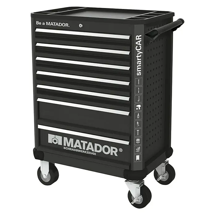 Matador Werkstattwagen Ratio smartyCAR - L x B x H: 78,5 x 47 x 103 cm, Anzahl Schubladen: 7 Stk. - Hier ist ein schwarzer Matador Werkzeugwagen mit Schubladen und Rädern für den einfachen Transport.