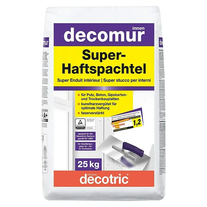 Decotric decomur Super-Haftspachtel - 25 kg - Bild eines 25-kg-Sacks Decomur Super-Haftspachtel, einer Spachtelmasse für den Innenbereich, ideal für Putz, Beton und Gipskarton.