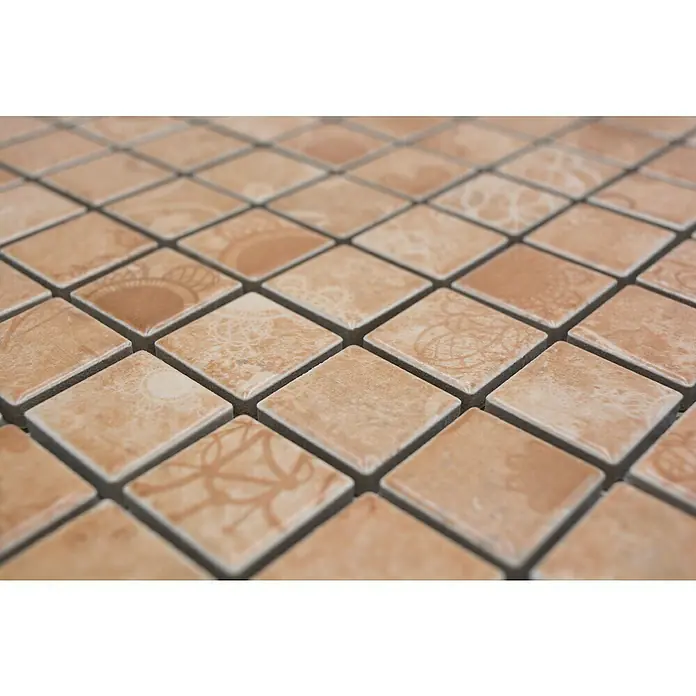 Mosaikfliese Quadrat LACEO LB 102 - 29,8 x 29,8 cm, Beige, Matt - Detailaufnahme einer quadratischen Fliesenmatte in verschiedenen Brauntönen mit Ornamenten, die ein elegantes Muster erzeugen.