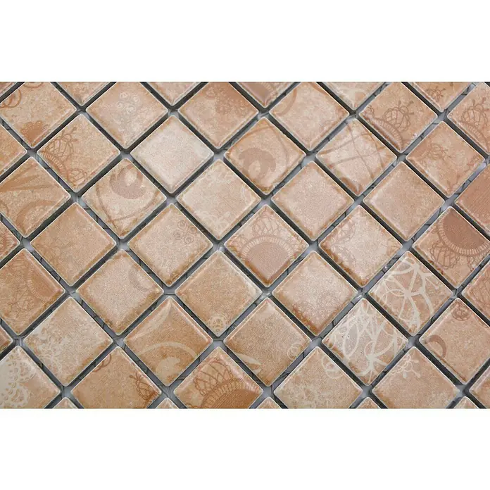 Mosaikfliese Quadrat LACEO LB 102 - 29,8 x 29,8 cm, Beige, Matt - Nahaufnahme von dekorativen, quadratischen Mosaikfliesen in Beige- und Brauntönen mit feinen Mustern.
