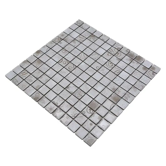 Mosaikfliese Quadrat LACEO LB 106 - 29,8 x 29,8 cm, Grau, Matt - Quadratisches Mosaikfliesenmuster mit floralen Akzenten auf dunklem Grund für eine elegante Raumgestaltung.