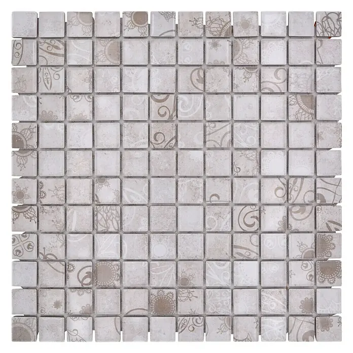 Mosaikfliese Quadrat LACEO LB 106 - 29,8 x 29,8 cm, Grau, Matt - Quadratische Mosaikfliese in gedämpften Farbtönen mit zarten Blumen- und Wirbelmustern für stilvolle Wand- und Bodengestaltung.