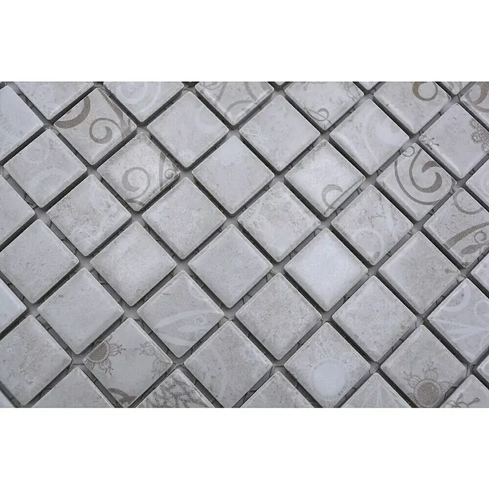 Mosaikfliese Quadrat LACEO LB 106 - 29,8 x 29,8 cm, Grau, Matt - Nahaufnahme von eleganten, quadratischen Mosaikfliesen in Grau- und Beigetönen mit dezenten floralen Mustern für stilvolle Wand- und Bodengestaltung.