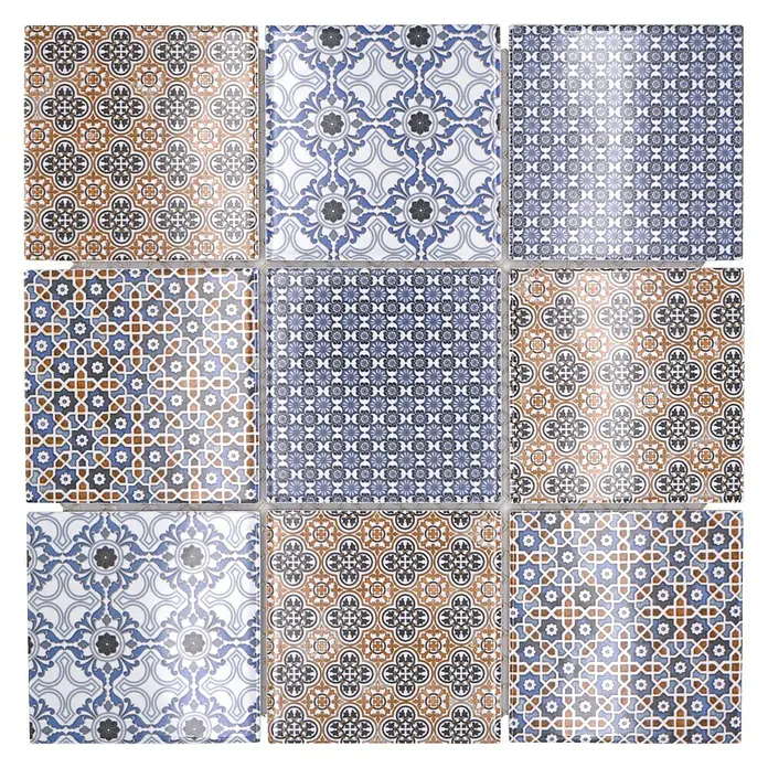 Mosaikfliese Quadrat Classico Mix - 29,8 x 29,8 cm, Mehrfarbig, Glänzend - Quadratische Wandfliesen mit einem dekorativen, mehrfarbigen Muster aus floralen Elementen für eine stilvolle Raumgestaltung.