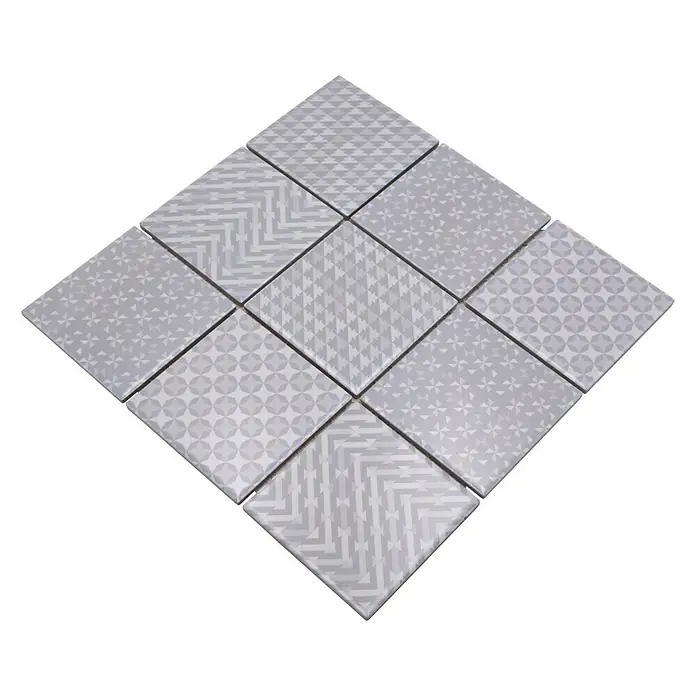 Mosaikfliese Quadrat Geo Grey GEOG - 29,8 x 29,8 cm, Grau, Glänzend - Quadratische Dekorfliesen in Grau mit verschiedenen geometrischen Mustern für stilvolle Innenräume. Hochwertige Fliesen für moderne Wand- und Bodengestaltung.