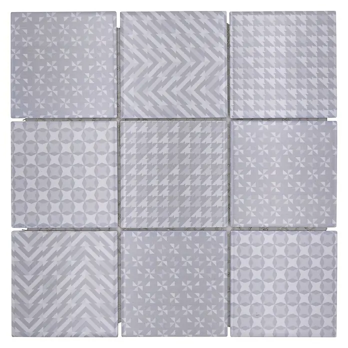 Mosaikfliese Quadrat Geo Grey GEOG - 29,8 x 29,8 cm, Grau, Glänzend - Graue Mosaikfliese mit verschiedenen Mustern, ideal für stilvolle Wand- und Bodendesigns im Innenbereich.