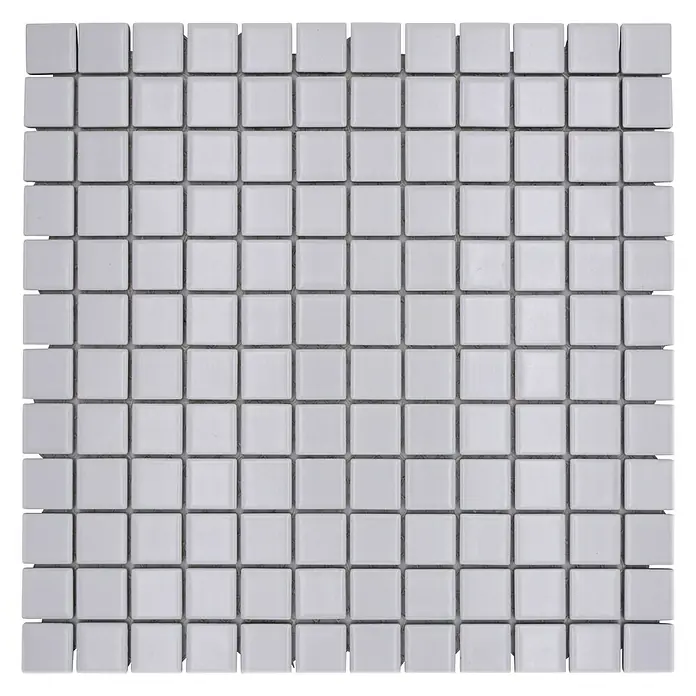 Mosaikfliese Quadrat Uni CG 114 - 29,8 x 29,8 cm, Weiß, Matt - Nahaufnahme eines quadratischen Mosaiks aus weißen, quadratischen Fliesen mit dunklen Fugenlinien, die ein einheitliches Muster bilden.