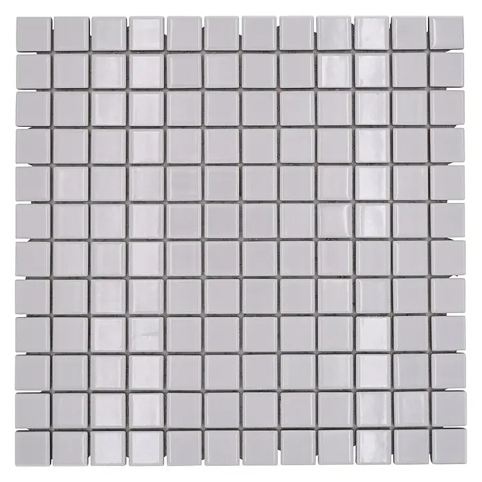 Mosaikfliese Quadrat Uni CG 104 - 29,8 x 29,8 cm, Weiß, Glänzend - Nahaufnahme eines Mosaiks aus weißen quadratischen Fliesen, die ein sauberes und modernes Muster bilden, ideal für Badezimmer oder Küchen.