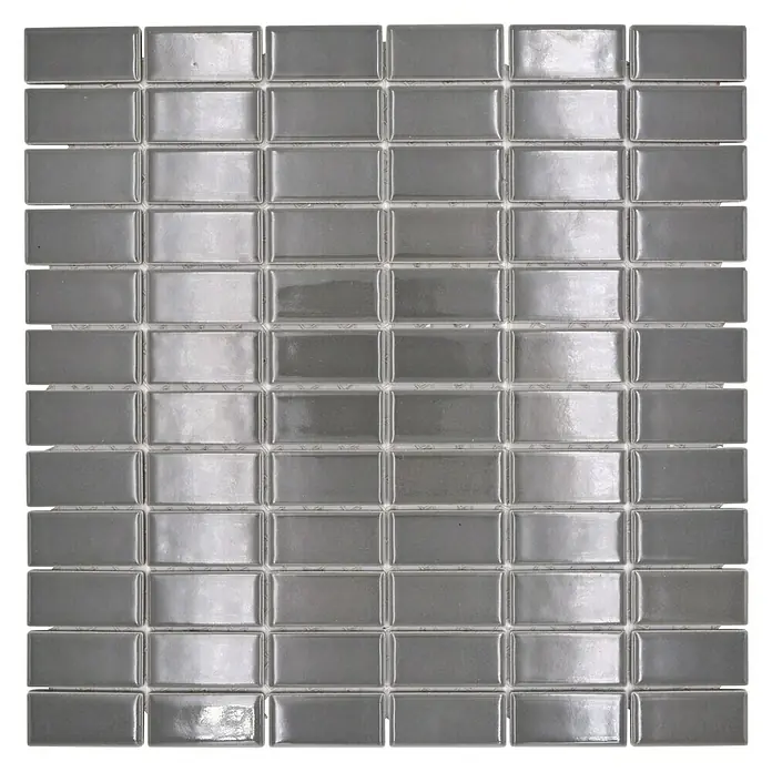 Mosaikfliese Stäbchen Uni ST 380 - 29,8 x 29,8 cm, Grau, Glänzend - Graue rechteckige Glasmosaikfliesen, ideal für stilvolle Wand- und Bodengestaltung im Innenbereich. Robuste und elegante Optik.