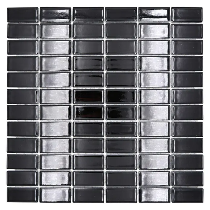 Mosaikfliese Stäbchen Uni ST 390 - 29,8 x 29,8 cm, Schwarz, Glänzend - Rechteckige, glänzende Mosaikfliesen in Schwarz- und Silbertönen. Perfekt für moderne Akzente in Bad und Küche.