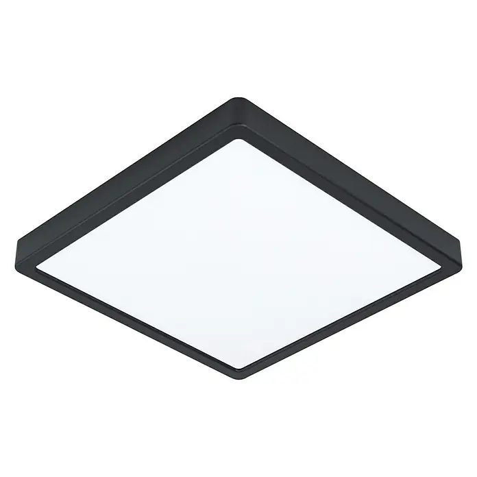 Eglo Fueva 5 LED-Deckenleuchte - 20 W, 28,5 x 28,5 x 2,8 cm, Schwarz, Neutralweiß - Nahaufnahme einer quadratischen LED-Deckenleuchte mit schwarzem Rahmen und weißer Lichtfläche.