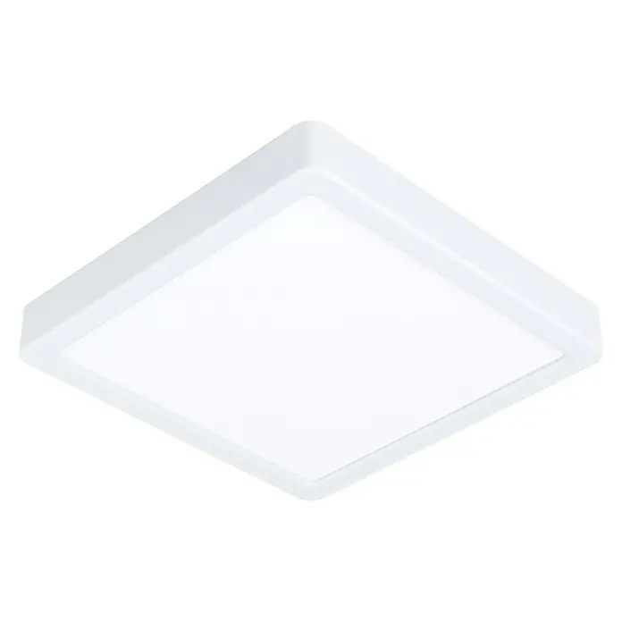 Eglo Fueva 5 LED-Deckenleuchte - 16,5 W, 21 x 21 x 2,8 cm, Weiß, Neutralweiß - Ein quadratischer, weißer Deckenleuchter mit LED-Beleuchtung auf einem schwarzen Hintergrund.