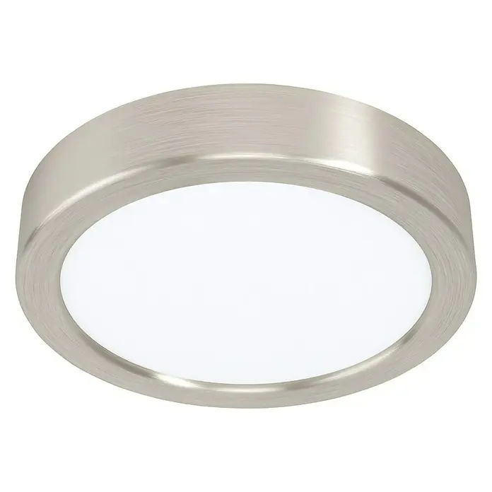 Eglo LED-Deckenleuchte rund Fueva 5 - 10,5 W, Ø x H: 160 x 28 mm, Nickel matt, Neutralweiß - Nahaufnahme einer runden, bündigen LED-Deckenleuchte mit gebürstetem Nickel-Finish und weißem Diffusor, ideal für moderne Innenräume.