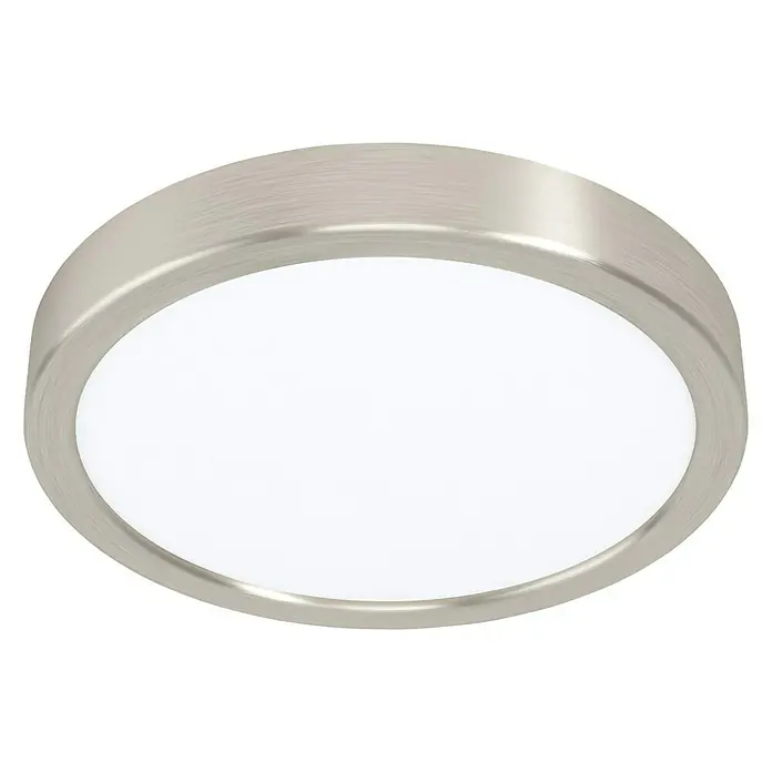 Eglo LED-Deckenleuchte rund Fueva 5 - Ø x H: 210 x 28 mm, Nickel matt - Nahaufnahme einer runden LED-Deckenleuchte mit gebürsteter Nickel-Hardware und weißem Diffusor.