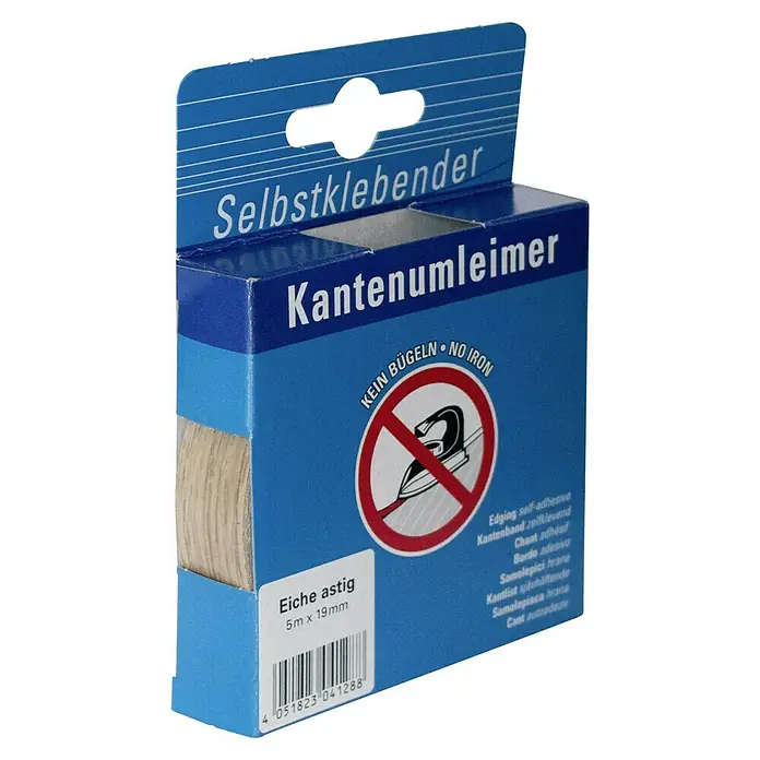 Kantoflex Umleimer - Eiche astig, 5 m x 19 mm - Selbstklebendes Kantenfurnier "Eiche astig", 5m x 19mm, in blauer Verpackung mit Warnhinweis "Kein Bügeln".
