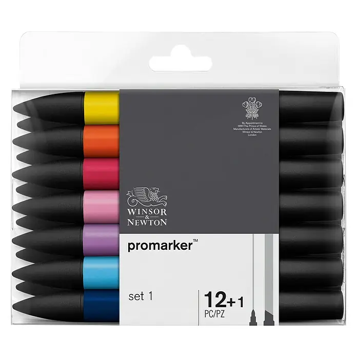 Winsor & Newton Promarker-Set - Farbig sortiert, 12 -tlg., 2 Spitzen - Ein Set von Winsor & Newton ProMarker Stiften mit 12+1 Farben, ideal für Illustrationen und Designarbeiten.