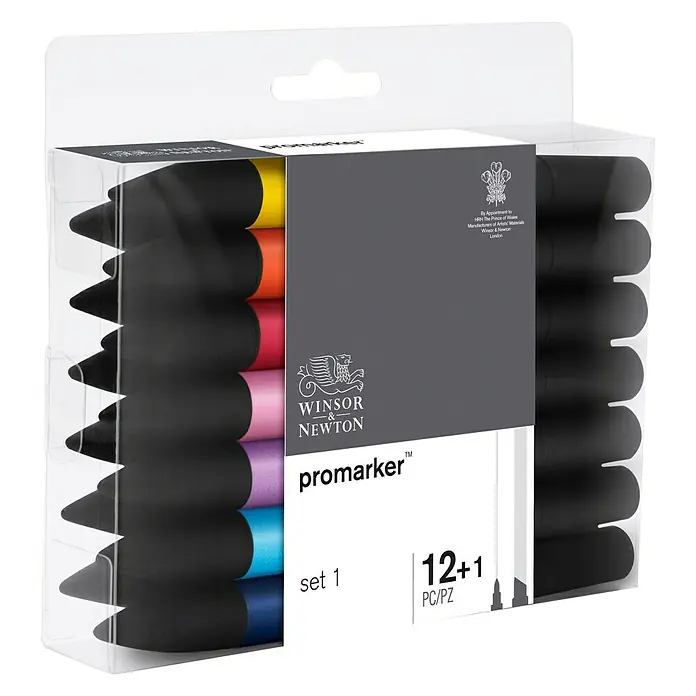 Winsor & Newton Promarker-Set - Farbig sortiert, 12 -tlg., 2 Spitzen - Eine Packung Winsor & Newton Promarker Set 1 mit 12+1 Stiften, ideal für Künstler und Designer. Präzise und farbintensive Marker.
